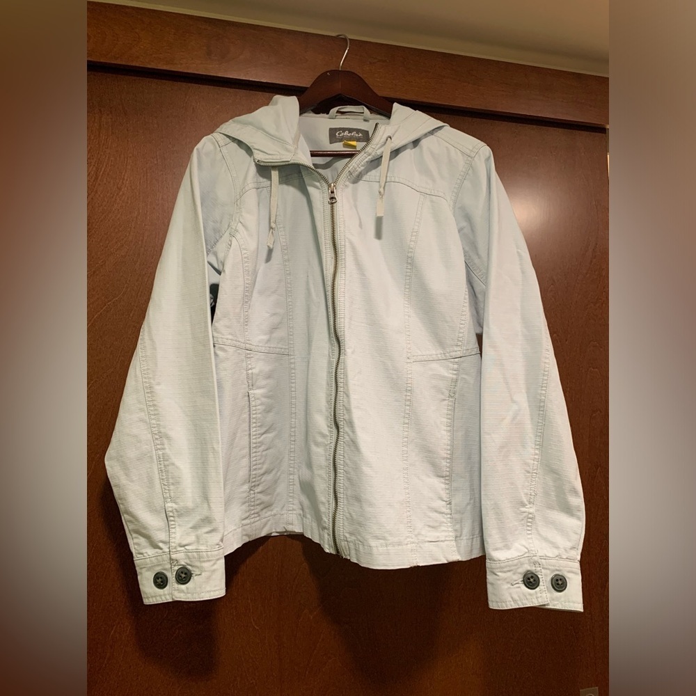 Cabelas Hooded Zip Up Jacket Womens Size Large Light Blue Lightweight - Picture 1 of 9